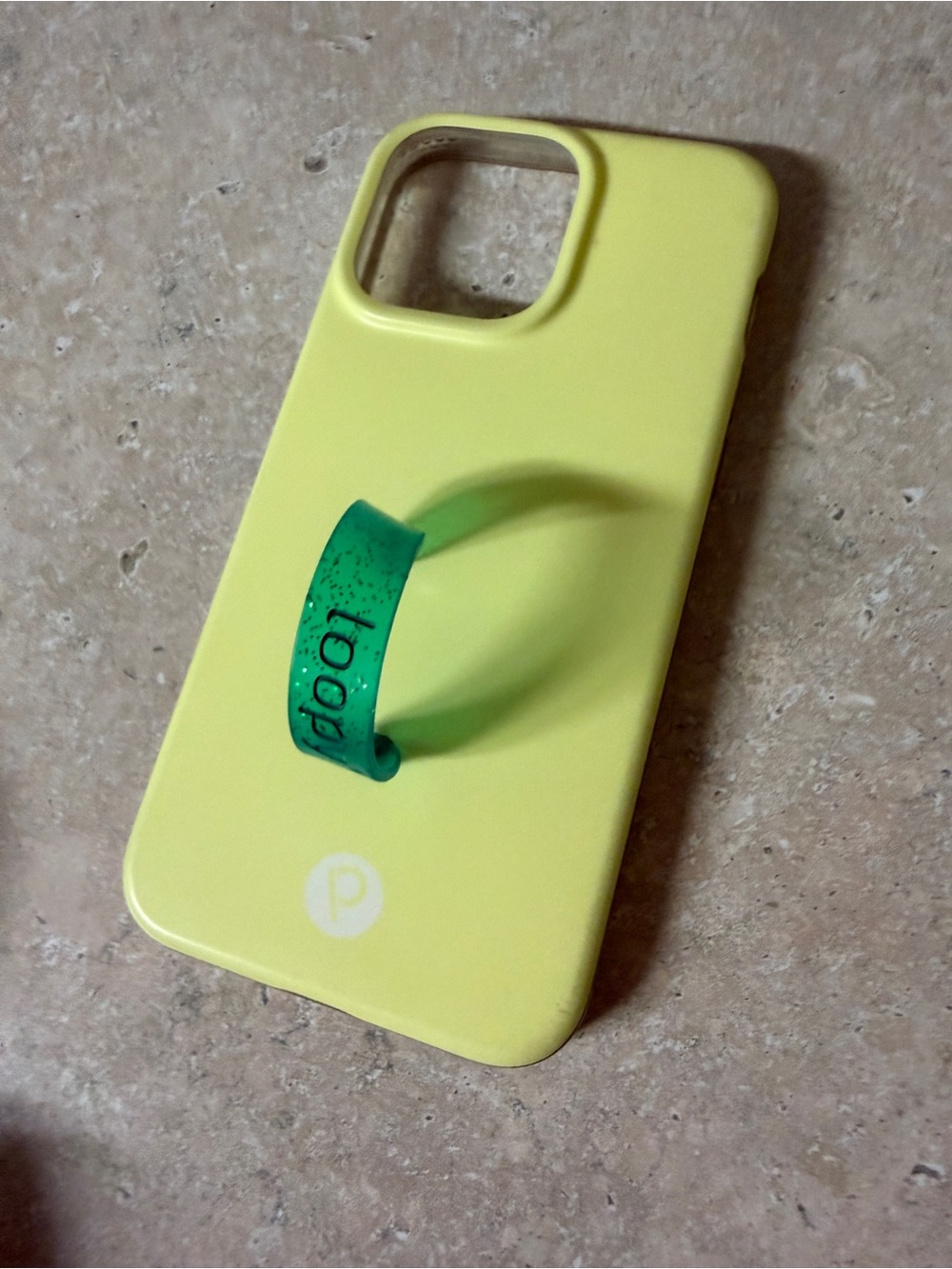 Loopy 15promax  Yellow Phone Case with Green glitter Loop Grip